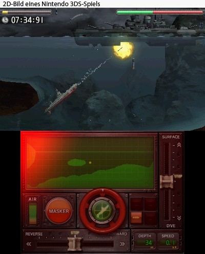 Den größten Teil des Spiels nimmt der Sidescoller in Anspruch: Hier tuckert man mit einem von drei U-Booten von links nach rechts, weicht Bomben und Felsen aus und torpediert feindliche Schiffe in gluckernde Tiefen.