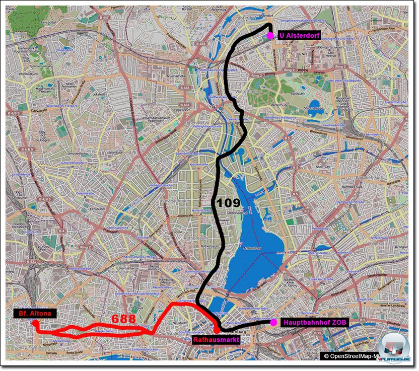 Die Gesamtstreckenführung der beiden Linien kann sich sehen lassen. 15 Kilometer Buslinie.