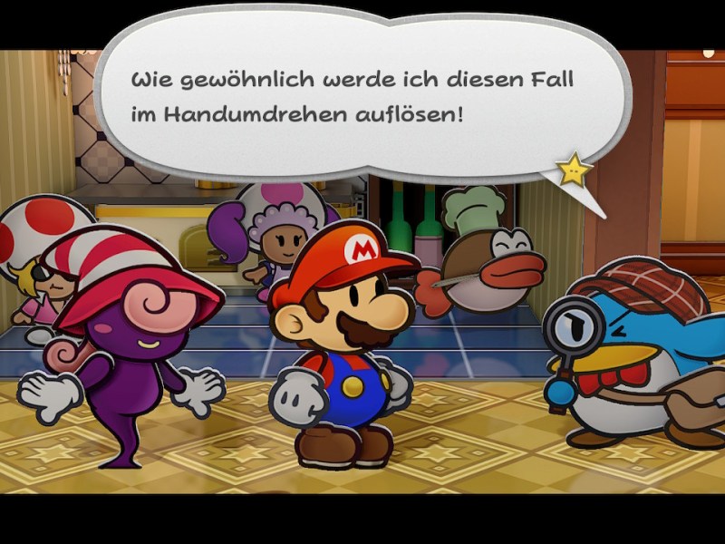 Barbara, Mario und der Pinguin-Detektiv aus Paper Mario: Die Legende vom Äonentor.