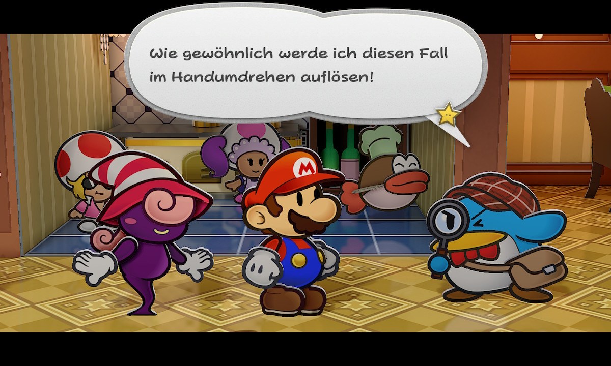 Barbara, Mario und der Pinguin-Detektiv aus Paper Mario: Die Legende vom Äonentor.