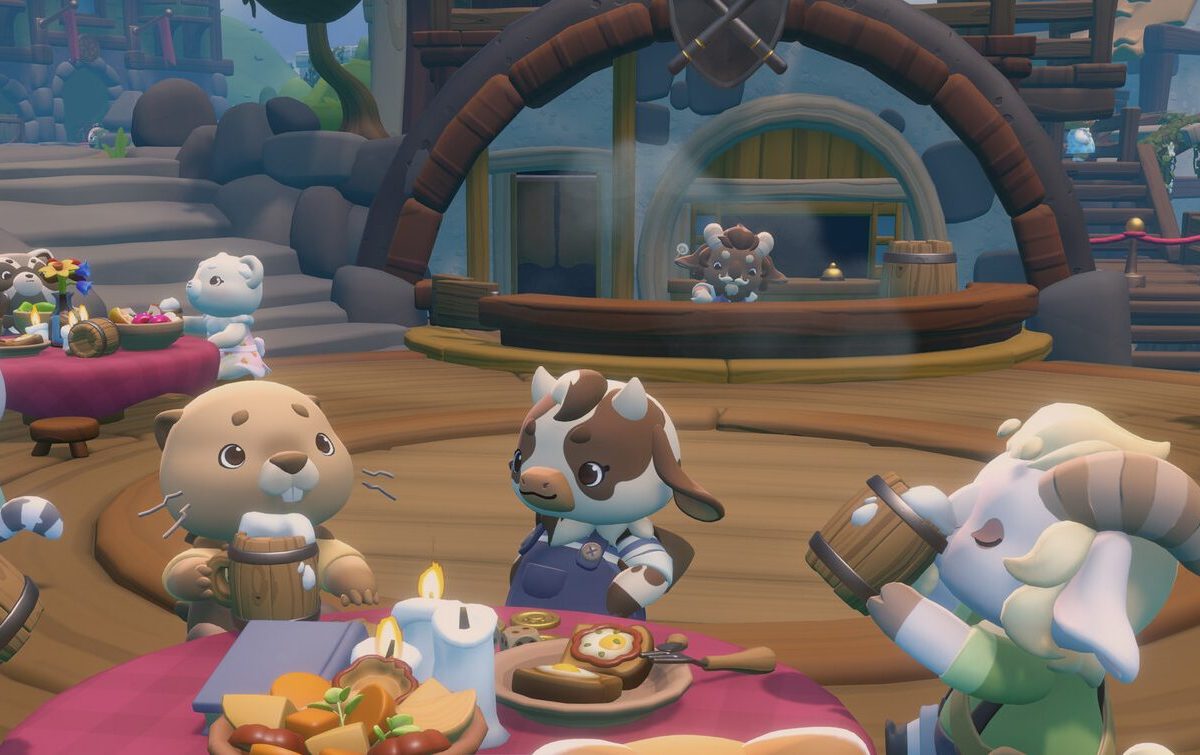 Screenshot aus dem Spiel Cozy Caravan mit drei Tier-Charakteren beim Essen