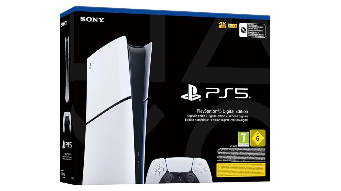 Die Konsole PlayStation 5 Slim in der Digital-Edition im Karton