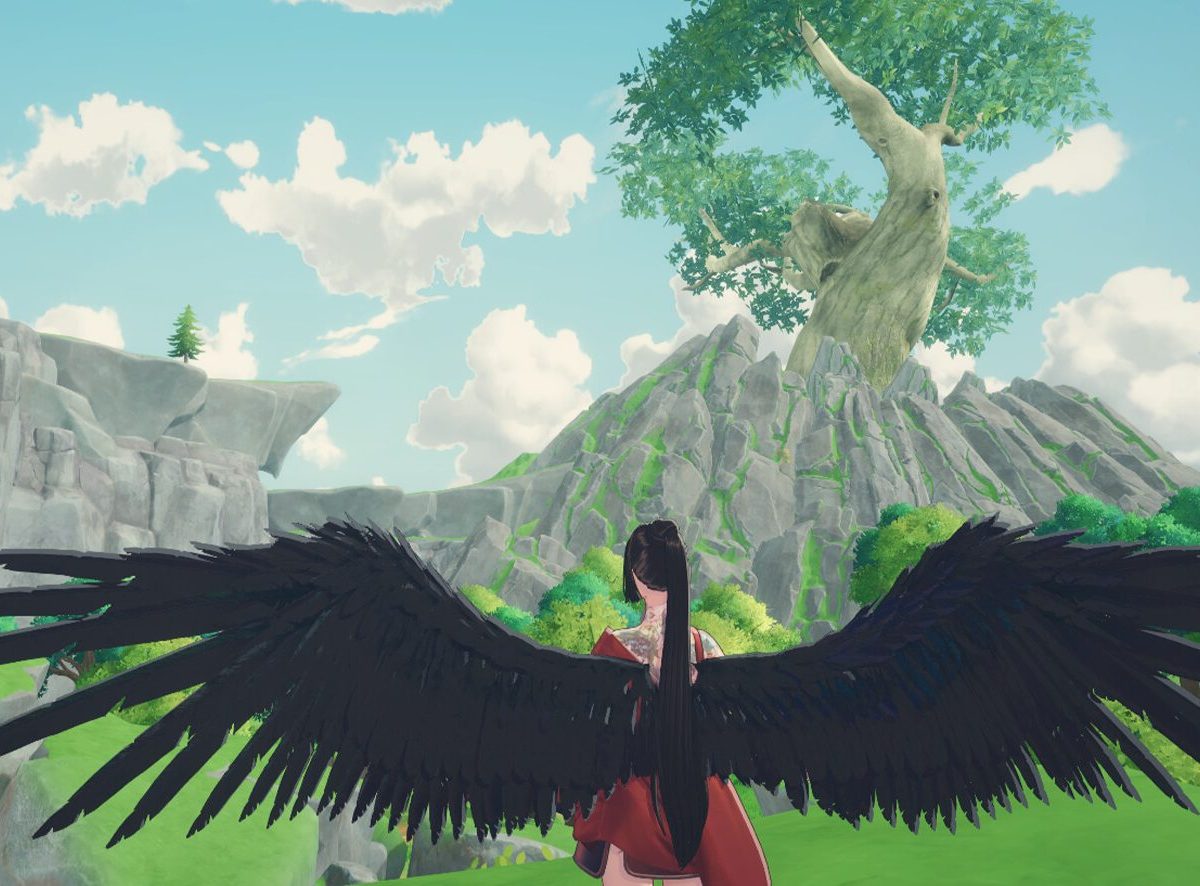 Screenshot aus dem Spiel Tales of Seikyu, auf dem eine Person mit schwarzen Flügeln zu sehen ist