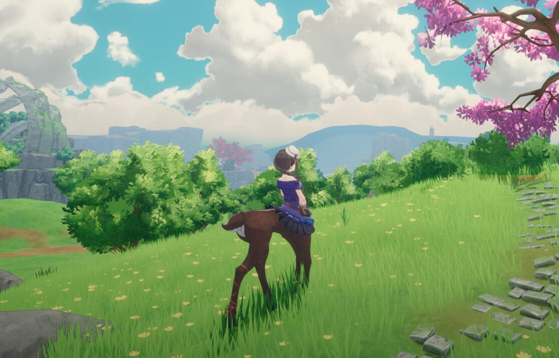 Screenshot aus dem Spiel Tales of Seikyu, auf dem ein Mischwesen aus Mensch und Reh in der Natur steht
